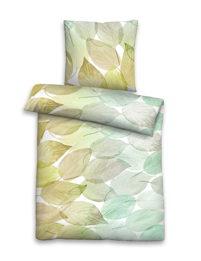 Biberna Mako-Satin Bettwäsche Blätter Floral Grün B/H: 135 x 200 cm und 80 x 80 cm - Bild 1