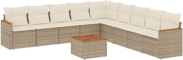vidaXL 10-teilige Garten-Sofagarnitur in L-Form aus Poly-Rattan und Akazienholz mit Kissen in Beige und Cremeweiß - Bild 1