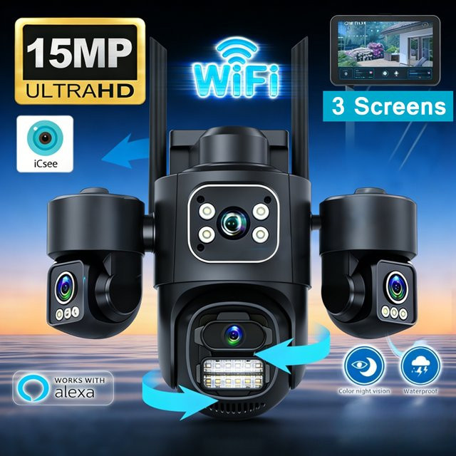 DiFang IP-Kamera mit 15MP HD, 8MP Dual-Objektiv und drei Bildschirmen, WLAN Videoüberwachungskamera mit automatischer Verfolgung, IP66 wasserdicht, Schwarz - Bild 1