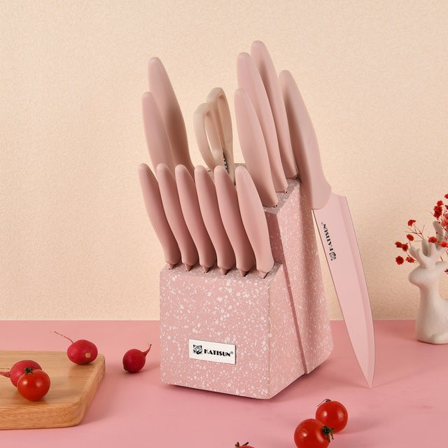 Katisun 14-teiliges Küchenmesser-Set aus titanbeschichtetem Kohlenstoffstahl in Rosa mit Messerblock und Schere für den Haushalt - Bild 1