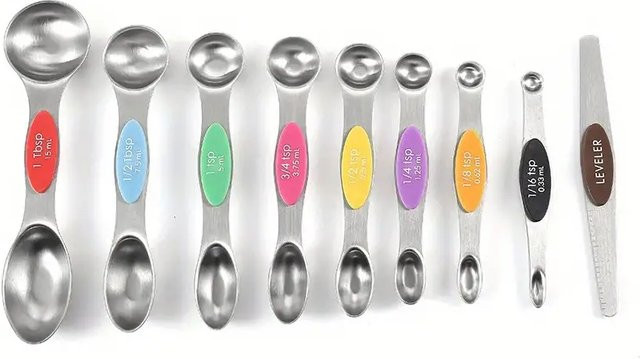 SONGKANGLING Edelstahl Messlöffel-Set aus 9 Teilen mit 8 doppelseitigen magnetischen Messlöffeln und 1 Leveler in Silber und Schwarz - Bild 1