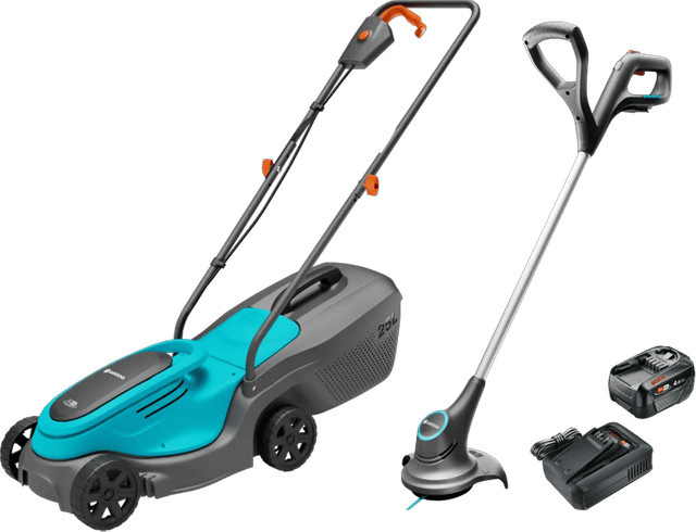 GARDENA PowerMax 30/18V P4A Solo Rasenmäher und SmallCut 23/18V P4A Solo Trimmer Set mit Bosch Starterset 18V 4,0 Ah Akku in Multicolor - Bild 1