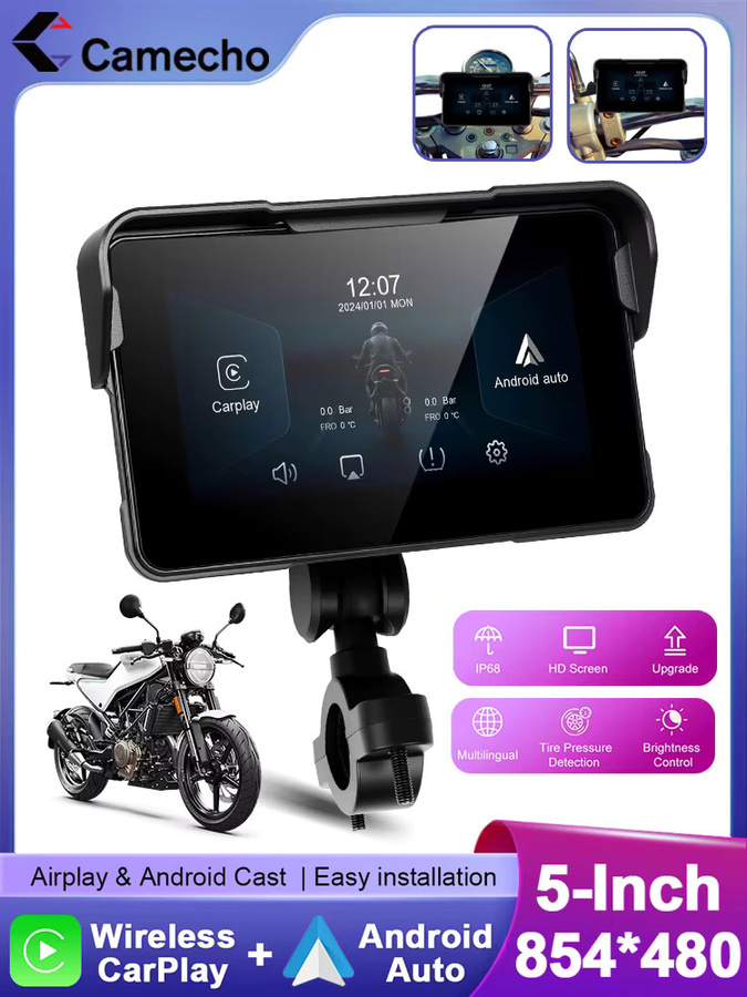 Camecho 5-Zoll tragbares digitales Motorrad-Navigationsdisplay mit GPS, Wireless CarPlay und Android Auto, Schwarz - Bild 5