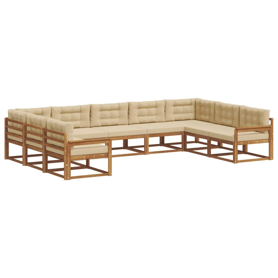 vidaXL Outdoor-Sofagarnitur aus Akazienholz in U-Form, 9-teiliges Set in Natur und Beige mit Kissen und Armlehnen - Bild 2