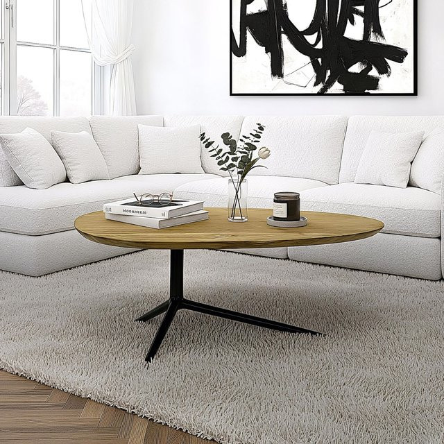 Finebuy Design Couchtisch aus Akazie Massivholz oval mit Metallgestell in Braun und Schwarz, Durchmesser: 87 cm - Bild 1