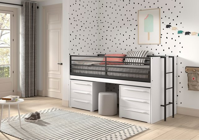 Vipack SAM halbhohes Bett mit ausziehbarem Schreibtisch und 2 Kommoden mit 3 Schubladen, Weiß Melamin Dekor, Liegefläche 90 x 200 cm - Bild 1