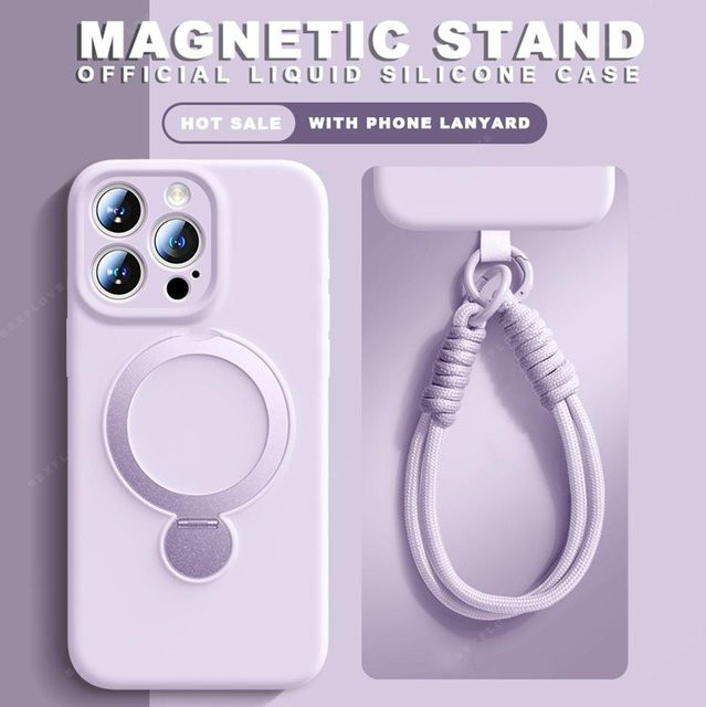Magnetische Flüssigsilikon-Handyhülle mit Lanyard für Apple iPhone 16 Pro Max, 15, 14, 13 und 16 Plus inklusive MagSafe-Kompatibilität in Purple - Bild 1