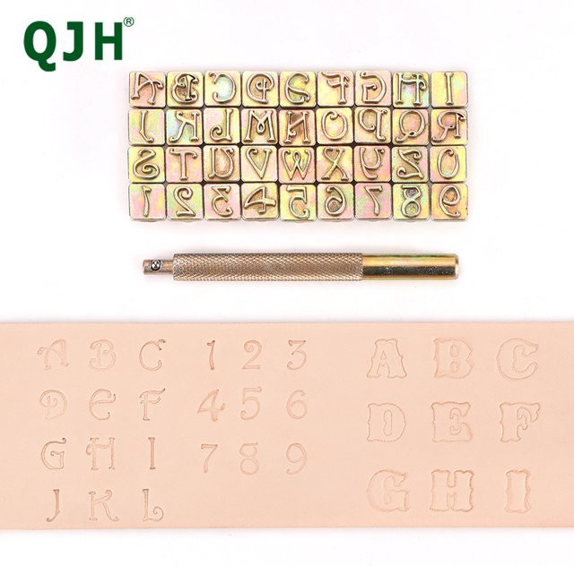 QJH Leder-Stempelset aus Metall in Gold mit Alphabet, Buchstaben und Zahlen für DIY-Lederhandwerk und Sattlerarbeiten - Bild 1
