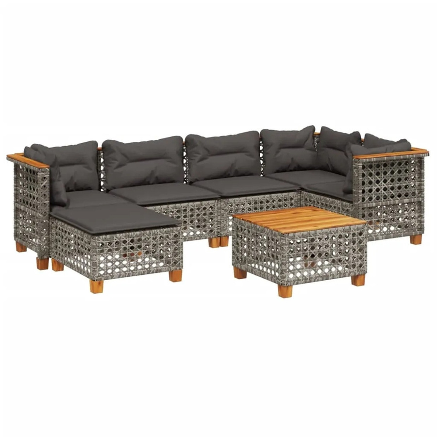 vidaXL 7-tlg Garten-Sofagarnitur in L-Form aus Polyrattan und Akazienholz mit Kissen, Grau - Bild 2