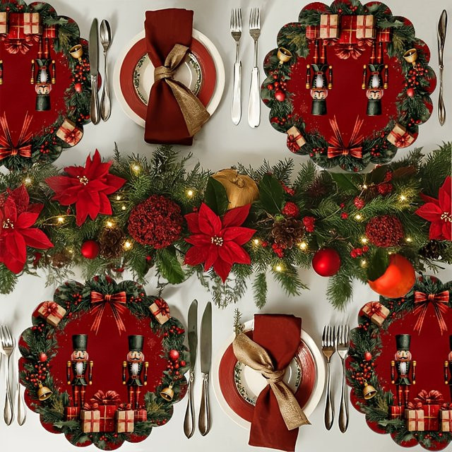 VIKAMA 4er Set Weihnachts-Nussknacker Tischsets mit goldener Schleife in Rot und Gold, runde Platzsets für die Weihnachtsdekoration - Bild 1