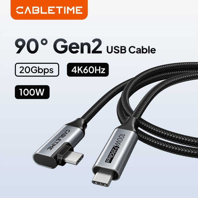 CABLETIME USB-C Kabel Gen 2 mit 20Gbps Datenübertragung, 90-Grad-Winkel, PD100W Schnellladefunktion und 4K 60Hz Videoübertragung für iPhone, Macbook Pro und iPad - Bild 1