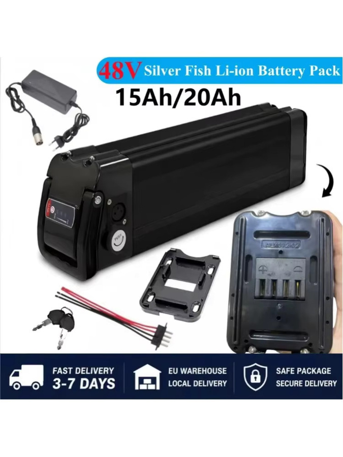 Aleaivy Silver Fish Lithium-Akku 48V mit integriertem BMS für faltbare Citybikes (250W-1000W Motor), inklusive 2A Ladegerät, Farben: Silber/Schwarz - Bild 9