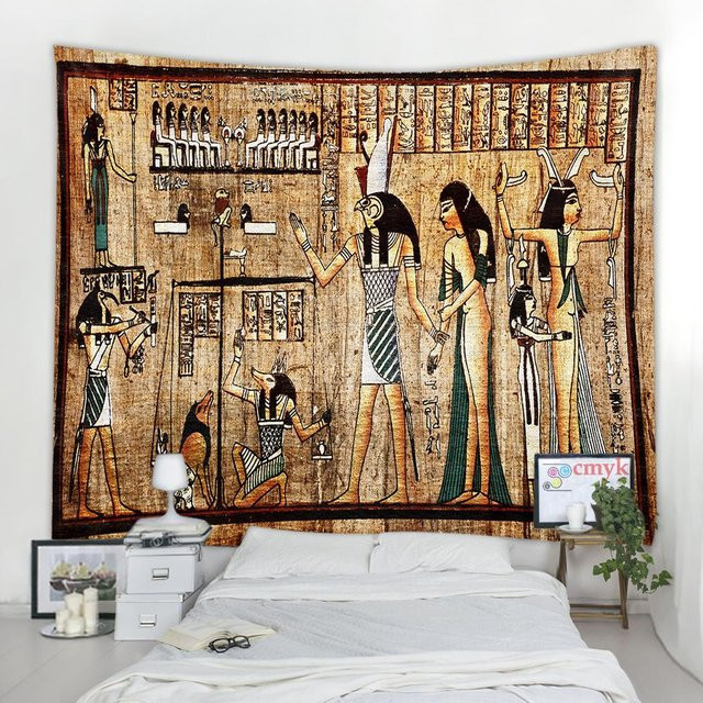 Goldener Wandteppich im Boho-Stil mit altem Ägypten Motiv von Super Six, B/H: 275 x 180 cm - Bild 1