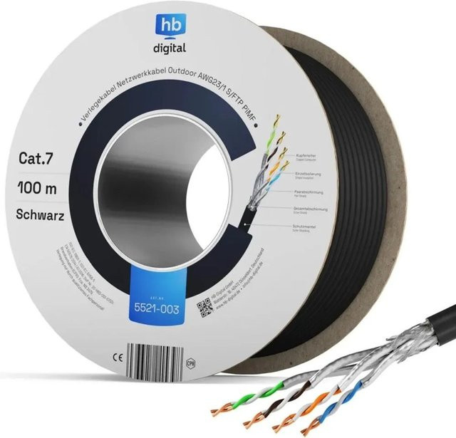 hb-digital CAT 7 LAN Datenkabel für Außenbereich, S/FTP, 1000 MHz, Schwarz, 100 m - Bild 1