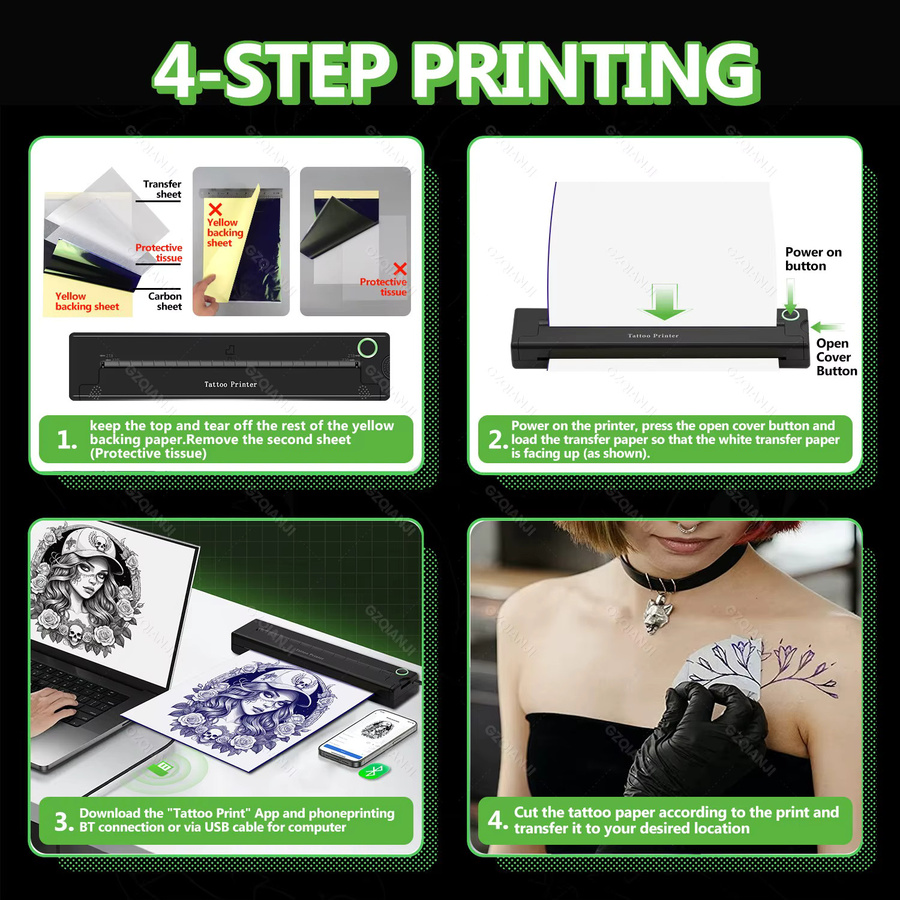 GZQIANJI A4 Mini Tragbarer Thermodrucker für Tattoo-Transfer-Schablonen mit Bluetooth und HD-Druckfunktion in Schwarz - Bild 4