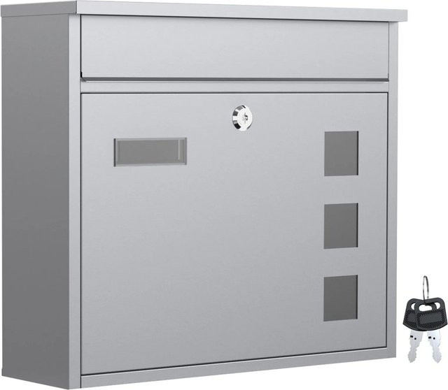 Wiltec Briefkasten V12 aus Edelstahl in Silber mit Schloss und Namensschild, Wandmontage, B/H/T: 36,0 x 31,5 x 10,5 cm - Bild 1