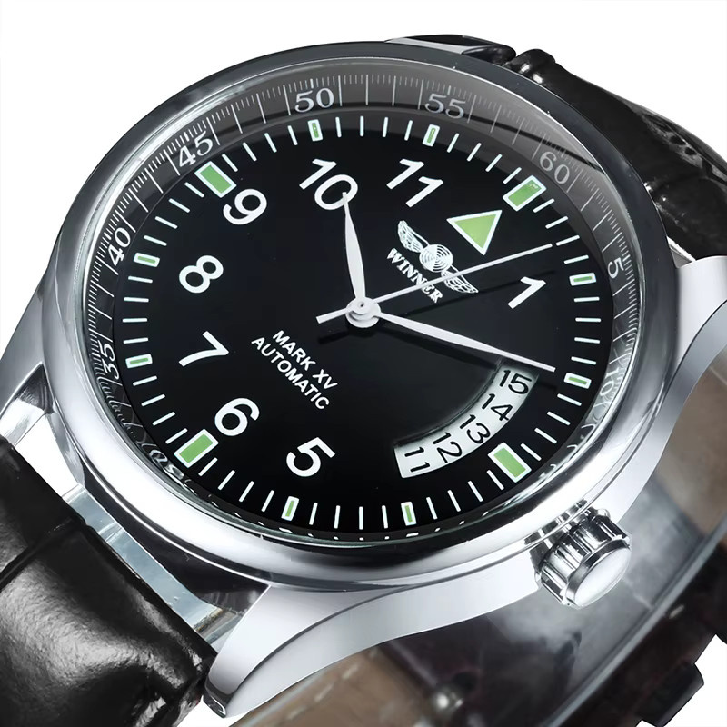 WINNER Armbanduhr Automatik, Edelstahl, Lederarmband, Schwarz, Herren - Bild 2
