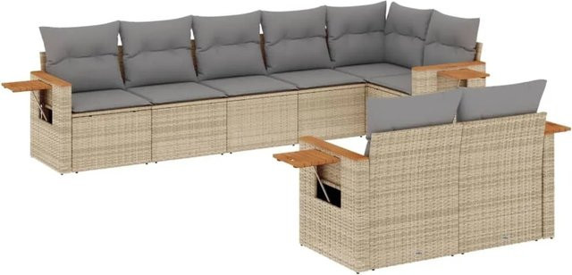 vidaXL 8-tlg. Garten-Sofagarnitur in L-Form aus PE-Rattan und Akazienholz mit Kissen in Beige - Bild 1