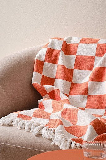 Jotex Plaid PAULA aus Baumwolle in Orange mit Karomuster und Fransen, B/T: 130 x 170 cm - Bild 1