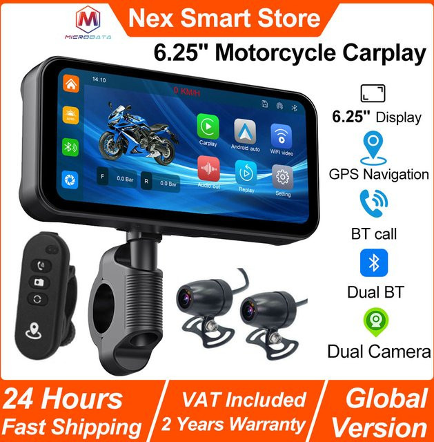 MicroData Motorrad Carplay mit 6,25 Zoll Touchscreen, GPS Navigation und Dual Bluetooth, Android Auto und Wireless Anruffunktion, Schwarz - Bild 1