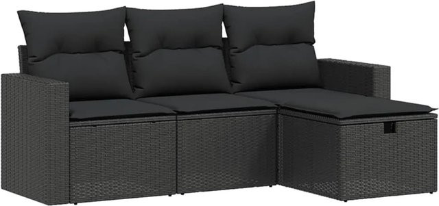 vidaXL 4-tlg Garten-Sofagarnitur Modell 37 in Schwarz aus Poly Rattan mit Kissen und Ottoman für Terrasse und Garten - Bild 1