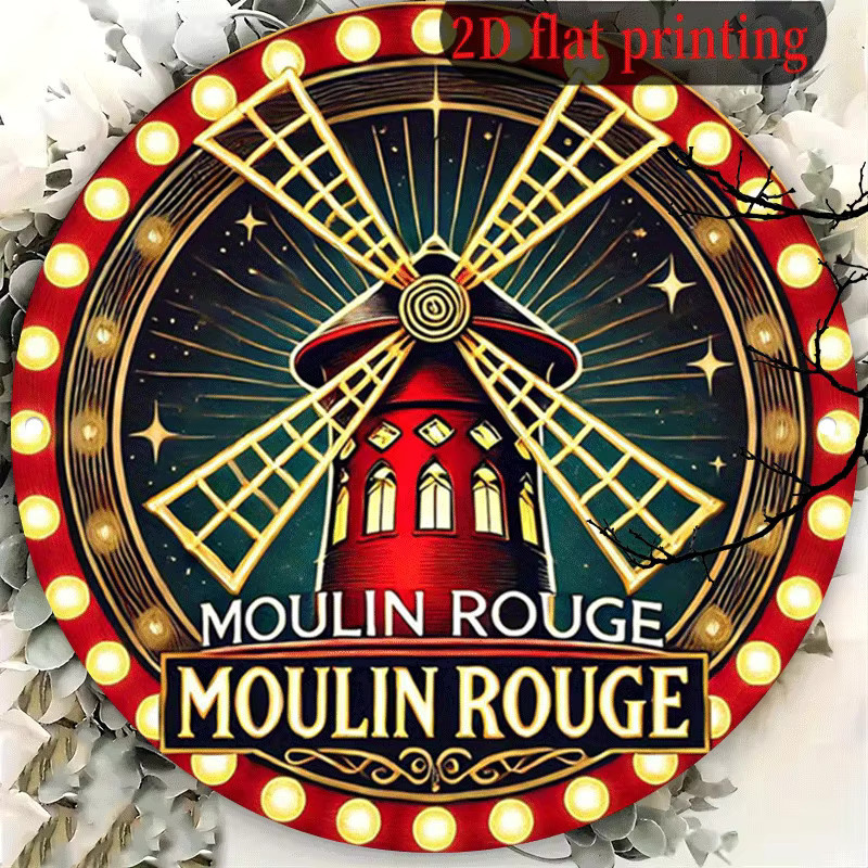 Potdemiel Rundes Aluminium-Wandschild Moulin Rouge Vintage Design, Durchmesser: 20,32 cm, Mehrfarbig - Bild 5