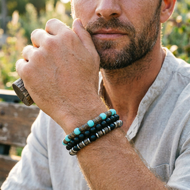 Noter Armband-Set, Kokosnussstein-Perlen, Howlit, Onyx, Lava, Herren, Bunt - Bild 1