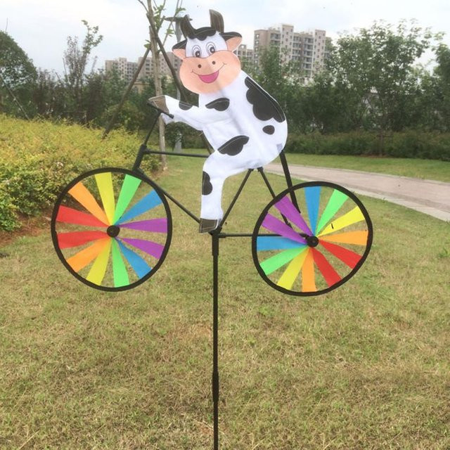 Bunte 3D-Windmühle mit Tier auf Fahrrad von Freedom Outdoors als Dekoration für drinnen und draußen mit Erdspieß - Bild 1