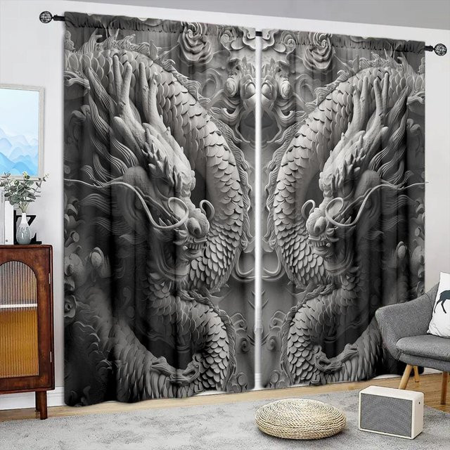 2er-Set Vorhänge mit Ziegelstein-Schnitzerei-Print von Household supplies MH, grau, halbtransparent, B: 107 cm, H: 160 cm - Bild 1