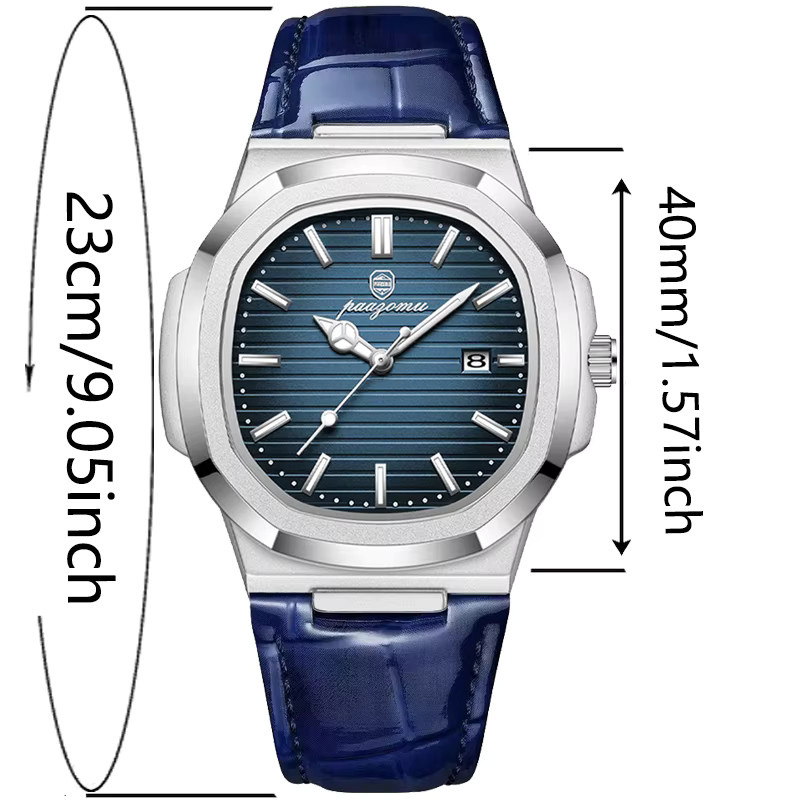 PAAZOMU Herrenuhr, Quarz, Eckig, Blau, Leder, Edelstahl, Herren - Bild 1