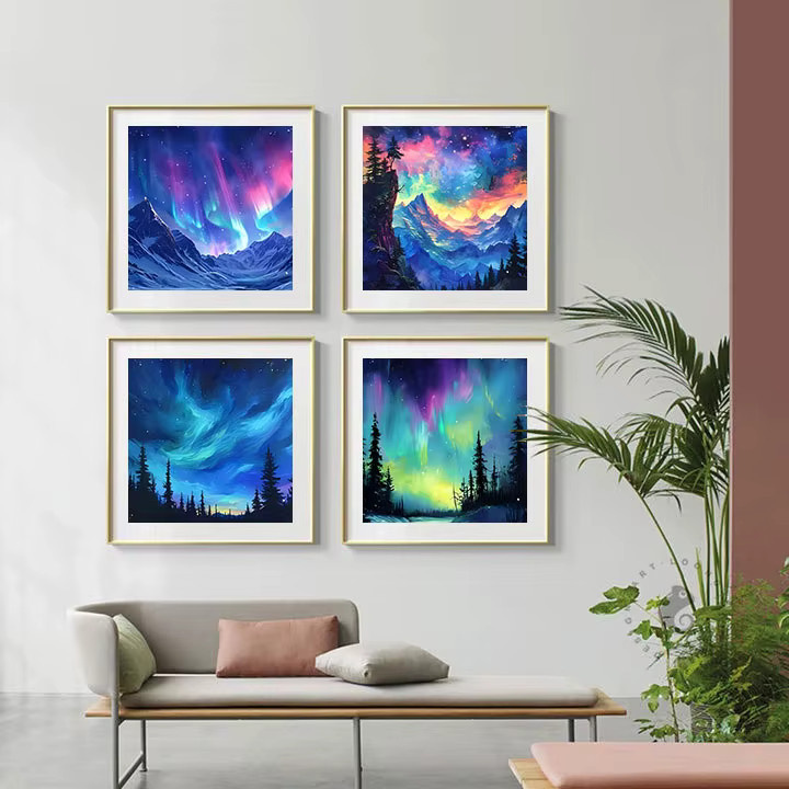 HUACAN Malen nach Zahlen, Waldlandschaft, Aurora-Berglandschaft, 4-teiliges Set, Leinwand - Bild 3