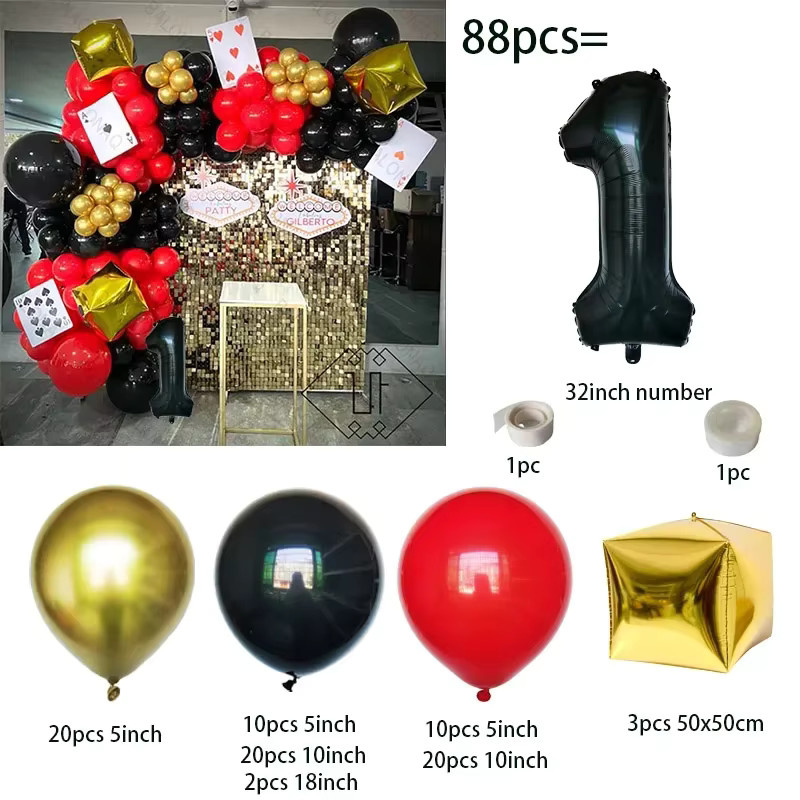BALONAQ 88-teiliges Casino-Ballonbogen-Set in Rot und Schwarz für Las Vegas Themenpartys mit Würfel- und Poker-Motiven - Bild 2