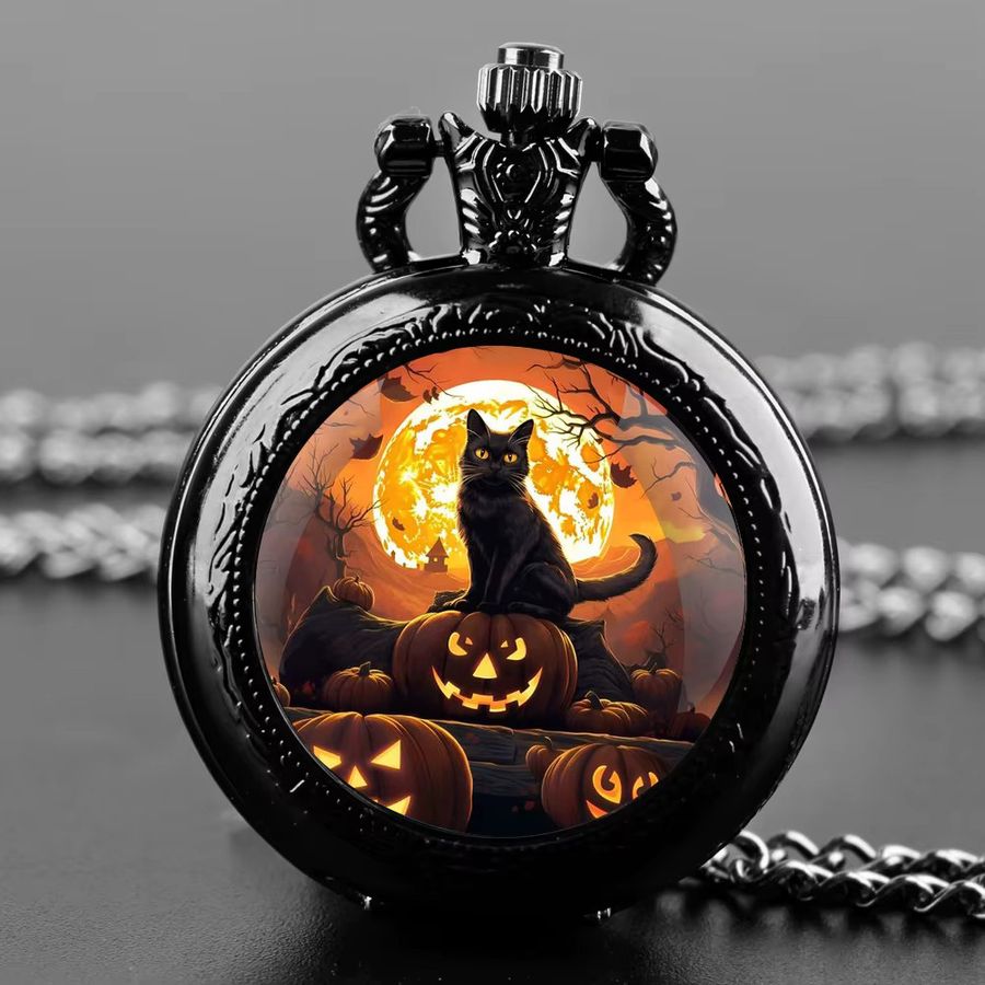 Retro Halloween Quarz-Taschenuhr mit schwarzer Katze und Glaskuppel in Schwarz - Bild 2