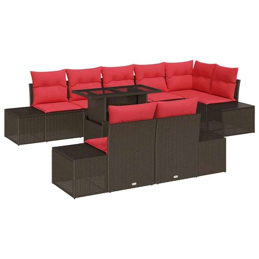 vidaXL Gartenmöbel Set aus Poly-Rattan in L-Form mit 3-Sitzer Sofa, Eckelement, Couchtisch und 9 Kissen in Braun und Rot - Bild 2