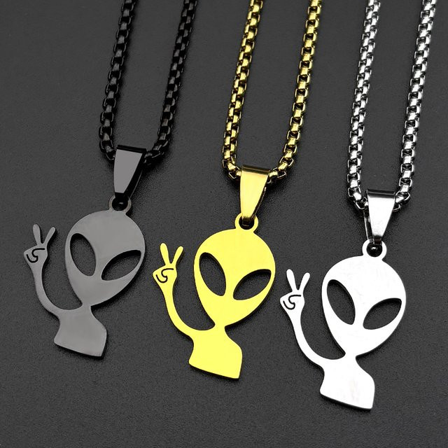 AMIMJ Alien-Anhänger-Halskette, Edelstahl, silberfarben, Unisex - Bild 1