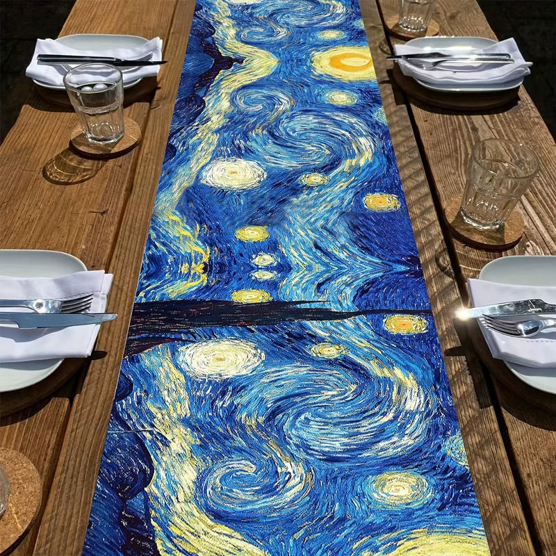 ZZN Tischläufer aus Leinen mit Sternennacht-Design in Blau, rechteckiger Bauernhaus-Stil, Breite: 183,0 cm, Tiefe: 33,0 cm - Bild 2