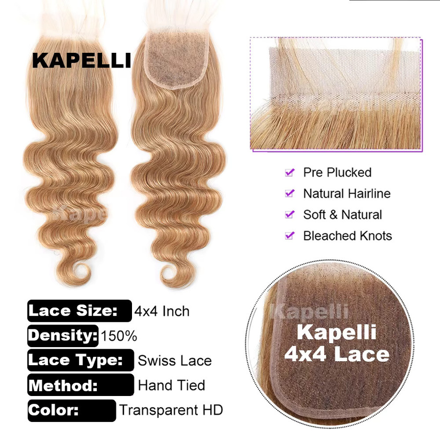 Kapelli Body Wave Echthaar-Bündel, 4x4 Honigblonde, 100% Brasilianische Remy Echthaar-Extensions - Bild 3