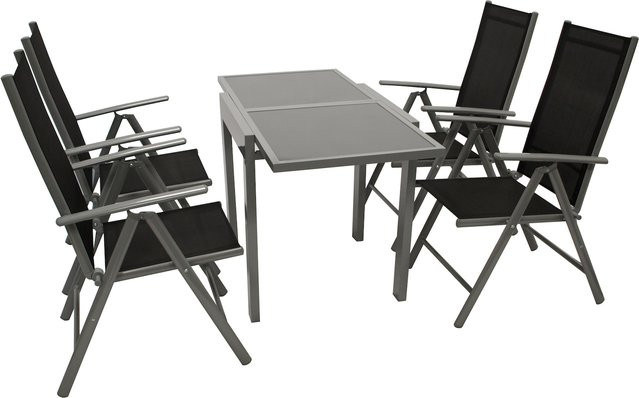 DEGAMO Garten-Garnitur AMALFI 5-teilig aus Aluminium in Silbergrau mit schwarzem Kunstgewebe und ausziehbarem Glastisch - Bild 1