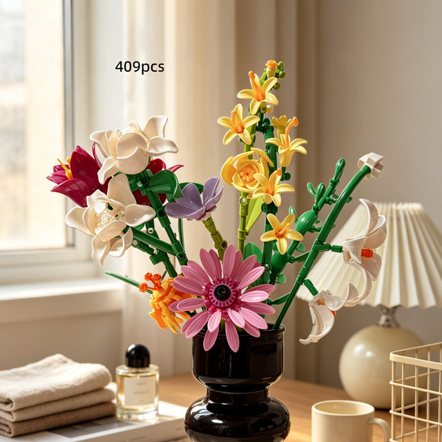 Baustein-Blumensträuße, 409-teiliges Set, Weinrot, Milchweiß, Hellviolett - Bild 1