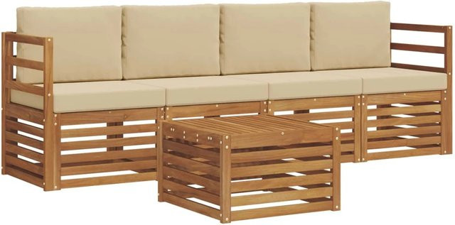 vidaXL Sofagarnitur aus Massivholz Akazie in Natur und Beige, 5-teiliges Set mit Tisch und Polsterkissen im modernen Design - Bild 1