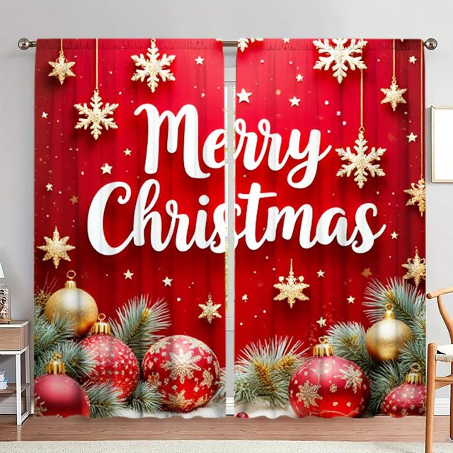 2er-Set Weihnachts Vorhang Merry Christmas mit Grafikprint, Weiß und Rot, halbtransparent, B: 52,5 cm, H: 116 cm - Bild 1