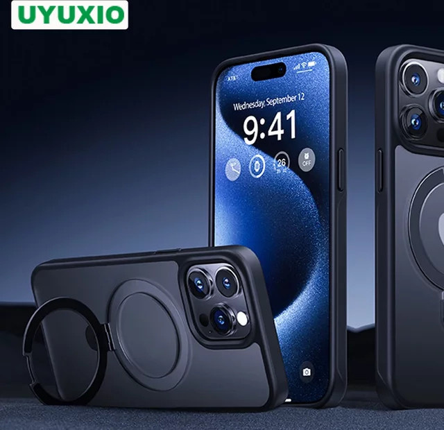 UYUXIO Magnetische Handyhülle mit Ringständer für iPhone 17 Pro Max, 16, 15, 14, 13, 12, 11 in Schwarz - Bild 1