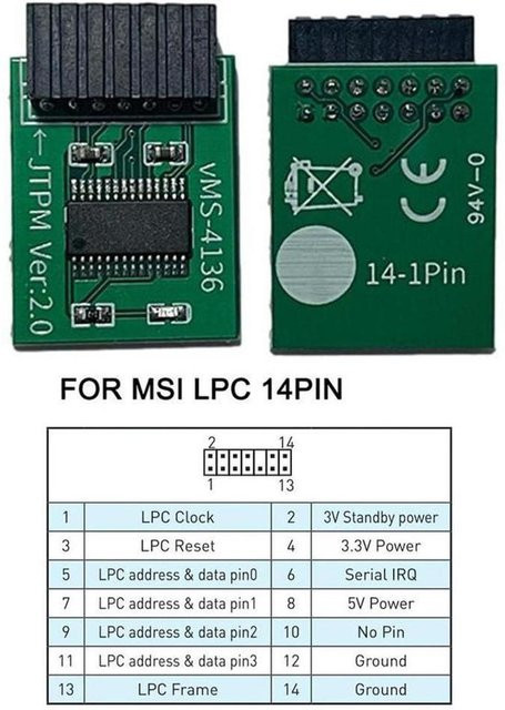 MSI TPM 2.0 Sicherheitsmodul mit LPC-Schnittstelle für verschiedene Motherboards mit 12, 14, 18 oder 20-1-Pin Anschlüssen - Bild 1