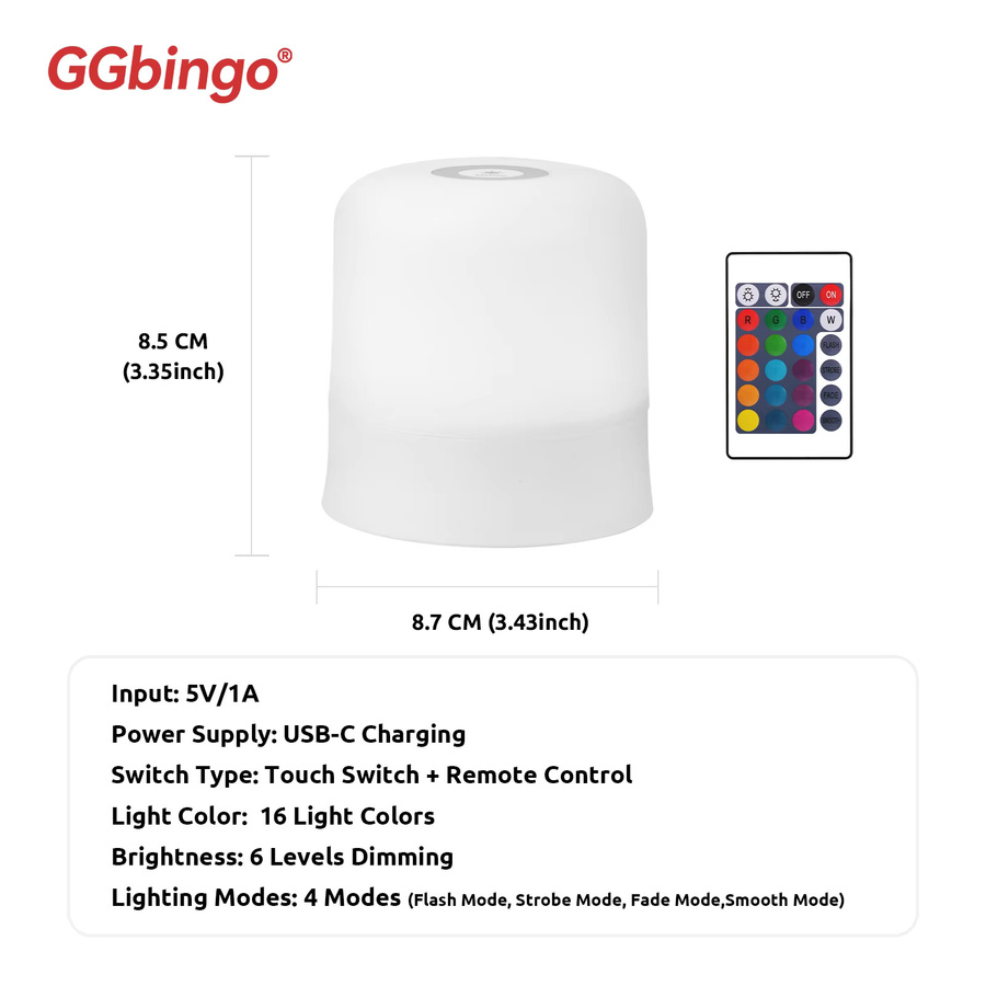 GGbingo Touch Nachtlicht, wiederaufladbare RGB Tischlampe mit Fernbedienung und Dimmfunktion, Multicolor und Weiß, ideal für Schlafzimmer und Wohnzimmer - Bild 4