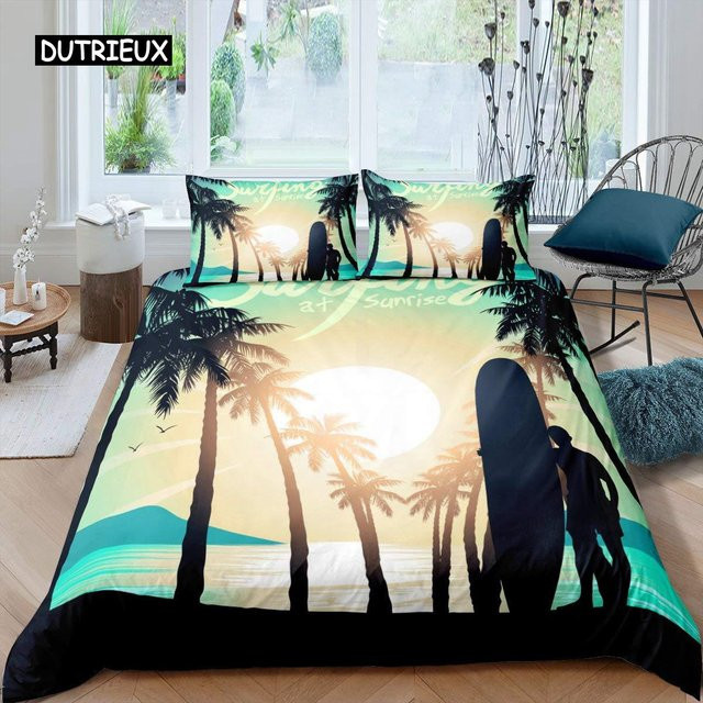 Atollsee Bettwäsche Set Palmen und Sonnenuntergang Miami Florida, Mikrofaser Bettbezug und Kissenbezug, Mehrfarbig, B/H: 245 x 210 cm - Bild 1