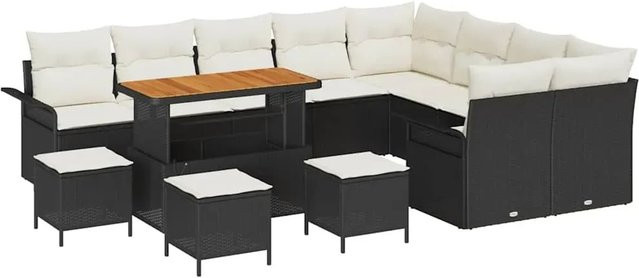 vidaXL 13-teiliges Garten-Sofa-Set aus Polyrattan und Akazie mit Kissen in Schwarz und Beige - Bild 1
