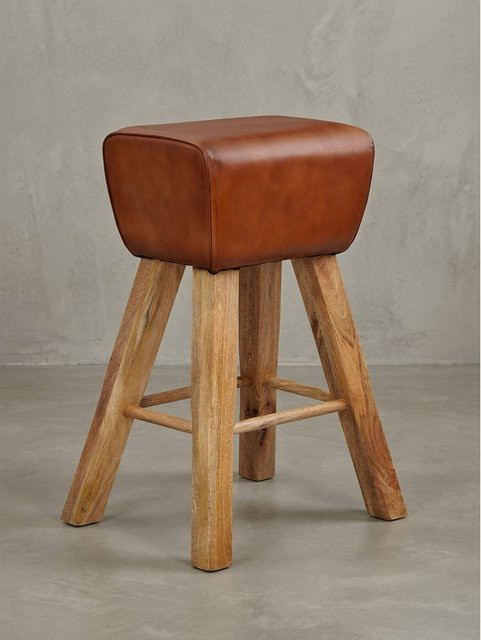 KADIMA DESIGN Sportlicher Turnbock-Barhocker aus Mango Massivholz und braunem Echtleder, B/T/H: 43 x 43 x 75 cm - Bild 1