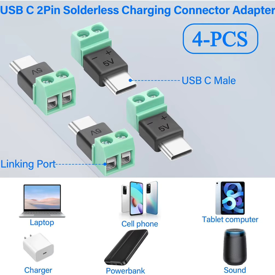 FRHY 5 Stück USB-C auf 2-poliger Adapter Set, grüner Schnellanschluss für Ladekabel und DIY-Elektronik - Bild 3