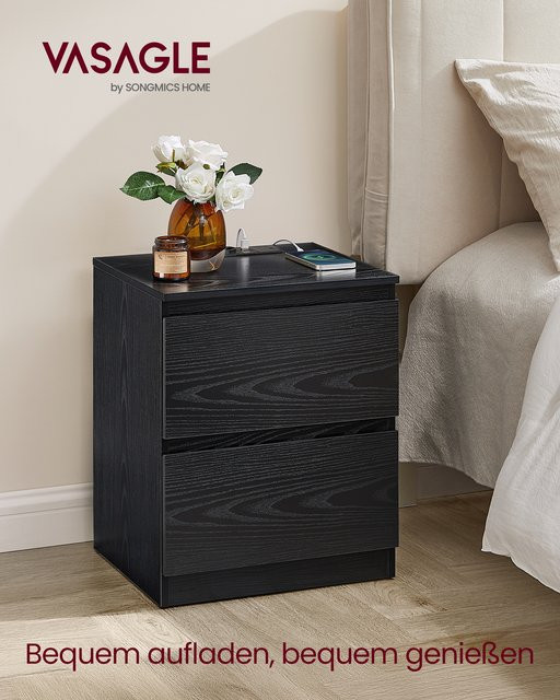 VASAGLE Nachttisch 2er Set in Schwarz mit Steckdosenleiste, 2 Schubladen, 2 AC-Steckdosen und 1 USB-A-Anschluss - Bild 1