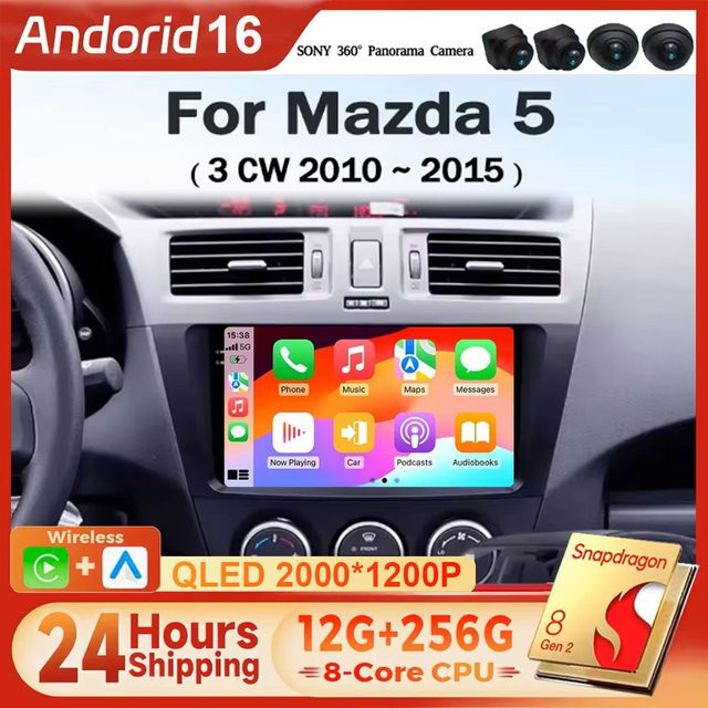TIEYEZ Android 16 Autoradio Multimedia-Player mit GPS-Navigation, Bluetooth und WiFi für Mazda 5 3 CW 2010-2015 in Schwarz - Bild 1